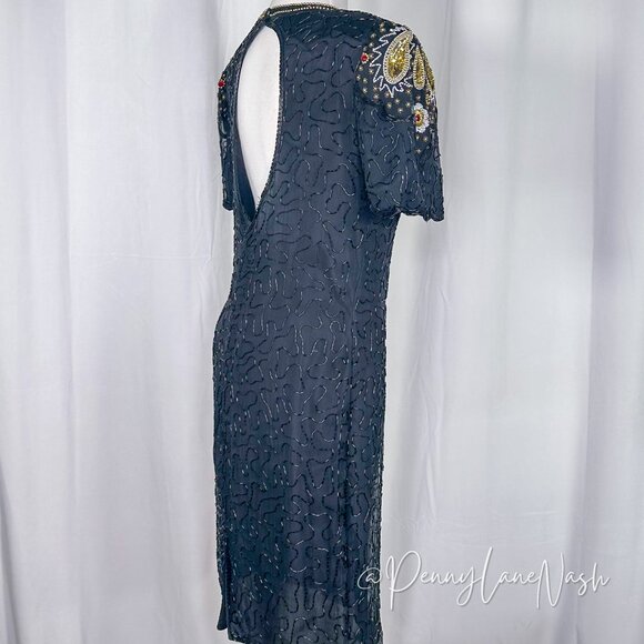 Laurence Kazar Vintage 80s Silk Bead-Sequin Dress Black - Picture 13 of 14